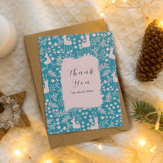 Nordic Reindeer Floral | Blush on Teal Christmas  サンキューカード