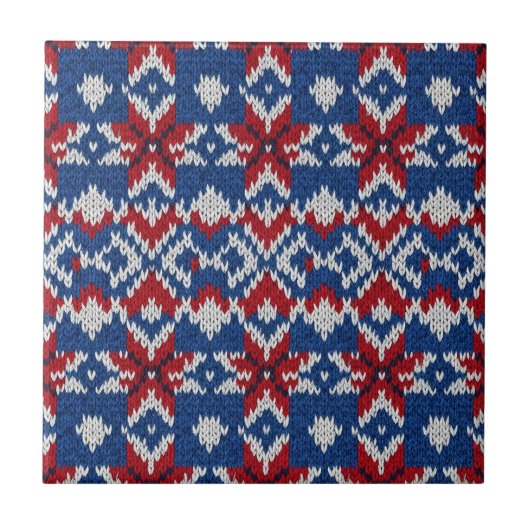 Nordic Snowflake Knit Pattern - Navy, Red, White 2 タイル (正面)