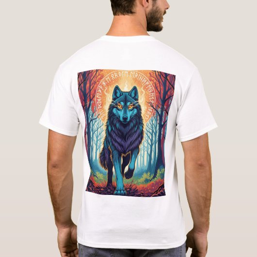 Nordic Spirit Wolf T-Shirt with Runes and Forest  Tシャツ (裏面)