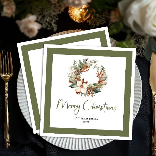 Nordic Style Christmas Wreath Family Name Napkins スタンダードカクテルナプキン