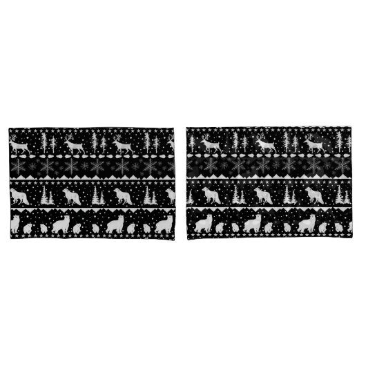 Nordic Sweater White Winter Animals Black 枕カバー (フロントセット)