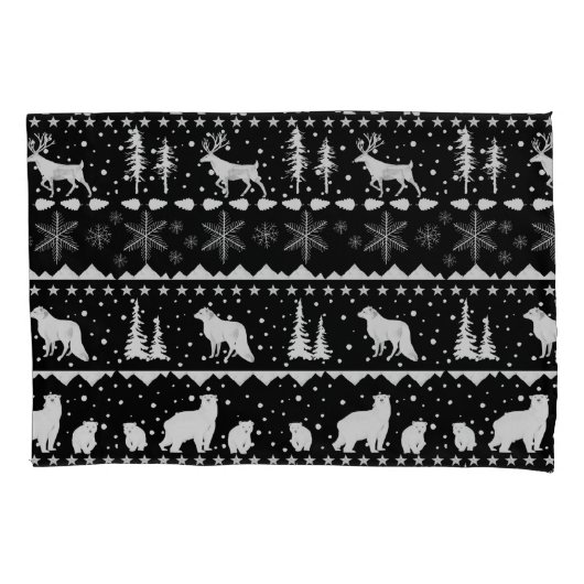 Nordic Sweater White Winter Animals Black 枕カバー (正面左)