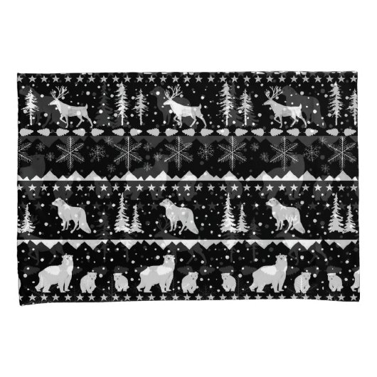 Nordic Sweater White Winter Animals Black 枕カバー (正面右)
