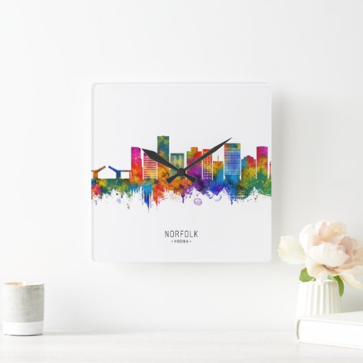 Norfolk Virginia Skyline スクエア壁時計 (ホーム)