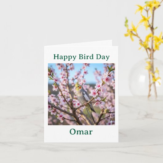 Normal Gray Cockatiel with Flowers Custom Birthday カード (黄色い花)