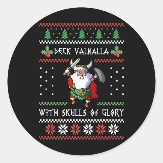 Norse Xmas Christmas Viking Deck Vhalla With Skull ラウンドシール (正面)