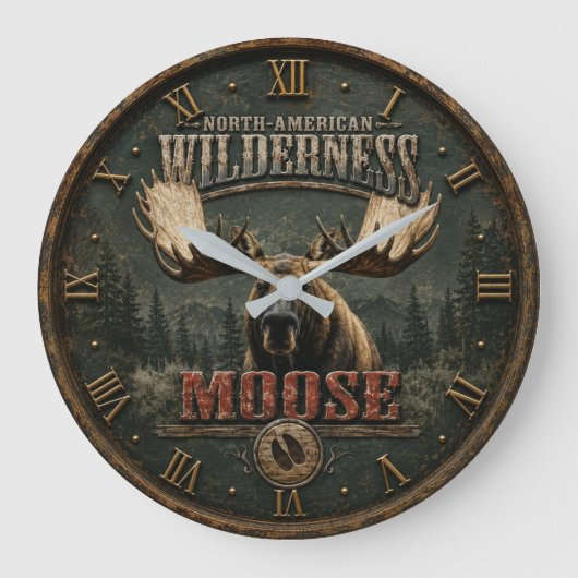 North American Rustic Moose Cabin Decor ラージ壁時計 (正面)