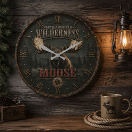 North American Rustic Moose Cabin Decor ラージ壁時計