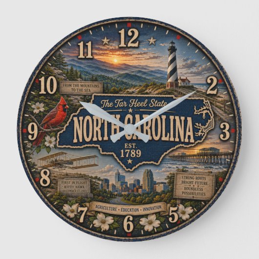 North Carolina Tar Heel State Mountain Coastal ラージ壁時計 (正面)