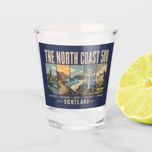 North Coast 500 Scotland Landmarks Illustration ショットグラス (正面)