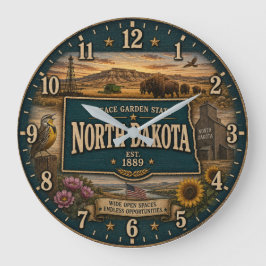 North Dakota Peace Garden State Prairie Rustic ラージ壁時計