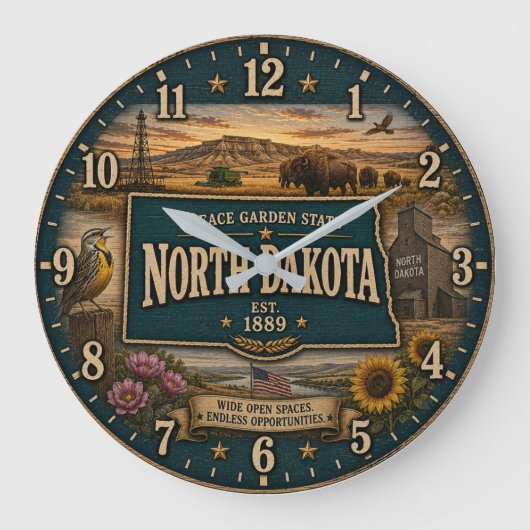 North Dakota Peace Garden State Prairie Rustic ラージ壁時計 (正面)