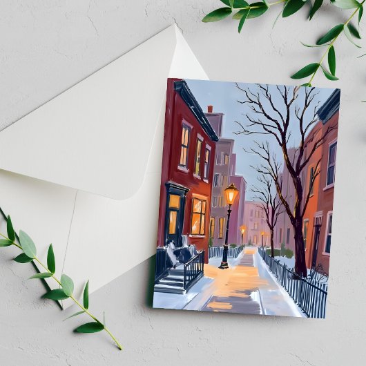 North End Winter Boston Watercolor Painting Card