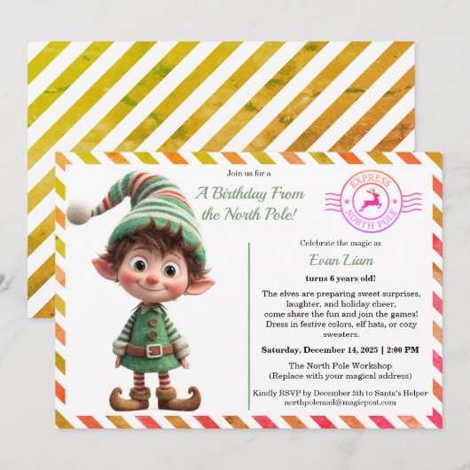 North Pole Birthday Magic | Enchanted Elf 招待状 (正面/裏面)