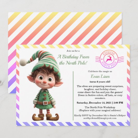 North Pole Birthday Magic | Enchanted Elf 招待状 (正面/裏面)