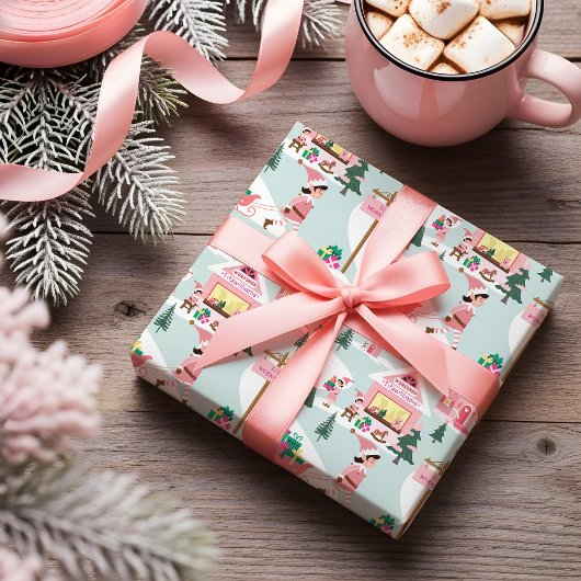 North Pole Elf Workshop Santa Claus Pink Village ラッピングペーパー