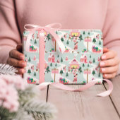 North Pole Elf Workshop Santa Claus Pink Village ラッピングペーパー
