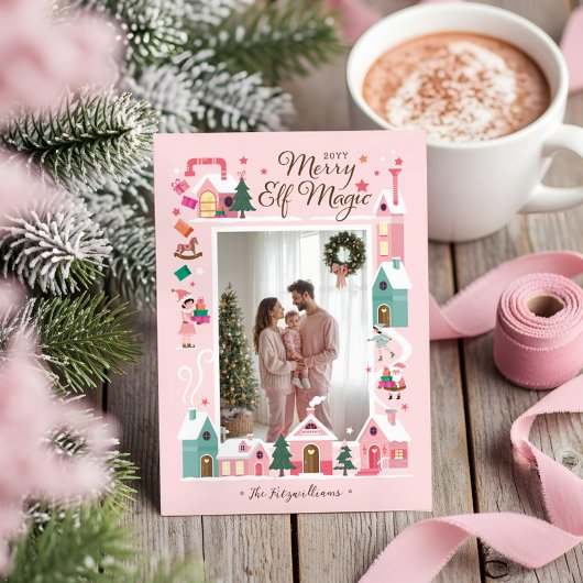 North Pole Pink Elf Workshop Santa Photo シーズンカード