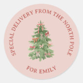 North Pole Pink Girly Christmas Tree Gift Stickers ラウンドシール (正面)