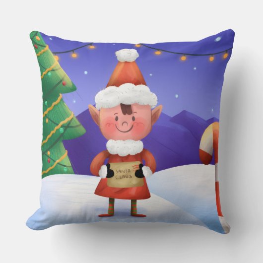 North Pole Wishes Elf Throw Pillow クッション (正面)