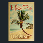 North Port Palm Tree Vintage Travel ポスター<br><div class="desc">A uniquely retro mid-century modern North Port Florida art print in vintage travel poster style. It features a curved palm tree on sandy beach with ocean under a blue cloudy sky.</div>