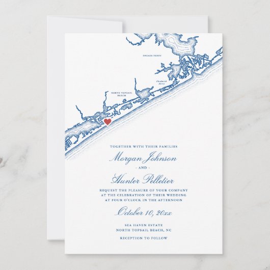 North Topsail Beach Map Elegant Navy Blue Wedding 招待状 (正面)