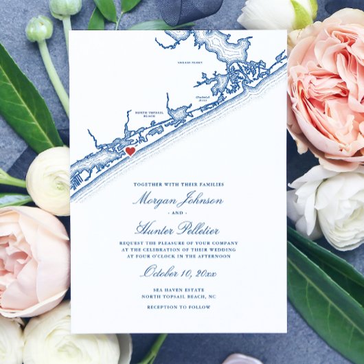 North Topsail Beach Map Elegant Navy Blue Wedding 招待状