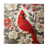 Northern Cardinal Bird Beautiful Floral タイル (正面)