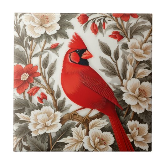 Northern Cardinal Bird Beautiful Floral タイル (正面)