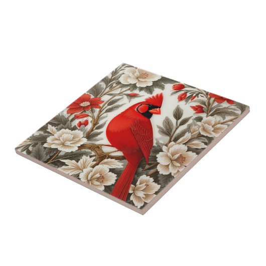 Northern Cardinal Bird Beautiful Floral タイル (側面)