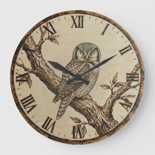 Northern Hawk Owl Wood Clock ラージ壁時計 (正面)