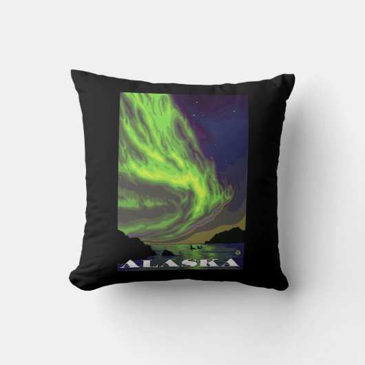Northern Lightsおよびシャチのヴィンテージ旅行 クッション (正面)