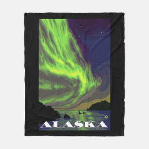 Northern Lightsおよびシャチのヴィンテージ旅行 フリースブランケット