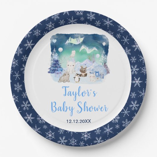Northern Lights Arctic Animals Baby Shower ペーパープレート (正面)