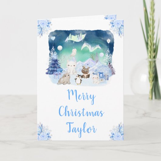 Northern Lights Arctic Animals Merry Christmas シーズンカード (正面)