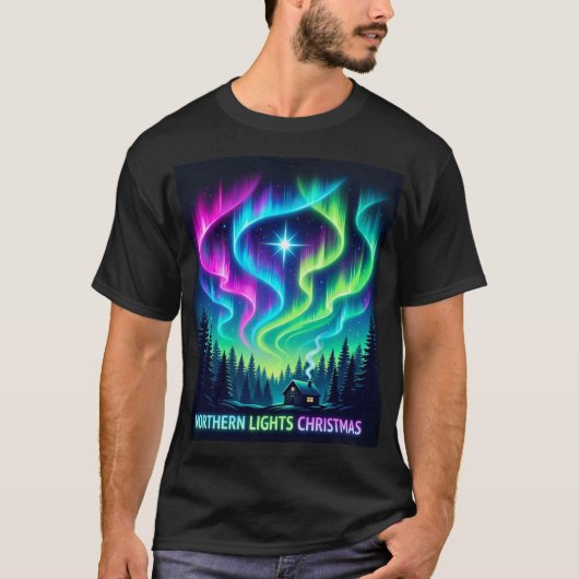 Northern Lights Christmas Cabin – Aurora Holiday M Tシャツ (正面)