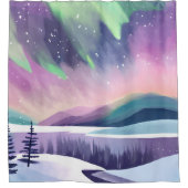 Northern Lights Colorful Winter Night Watercolor シャワーカーテン (正面)
