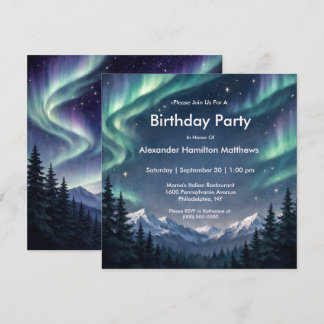 Northern Lights Mountain Forest Birthday 招待状