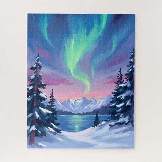 Northern Lights | Mountains Winter Watercolor ジグソーパズル (縦)