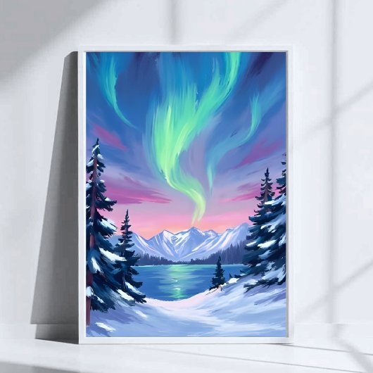 Northern Lights | Mountains Winter Watercolor ポスター