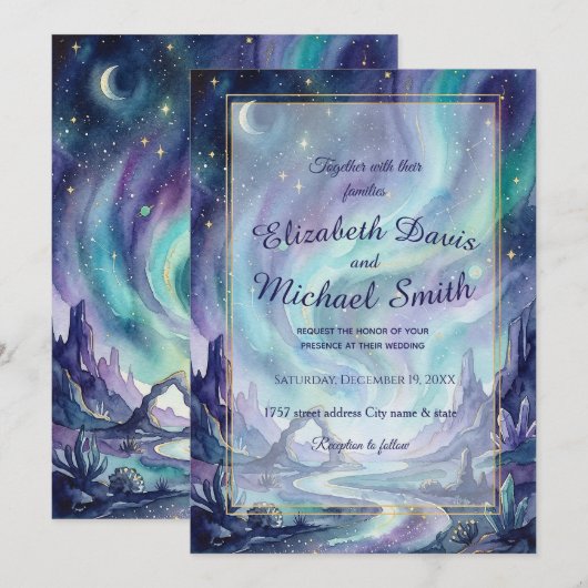 Northern Lights Night Sky Romantic Landscape 招待状 (正面/裏面)