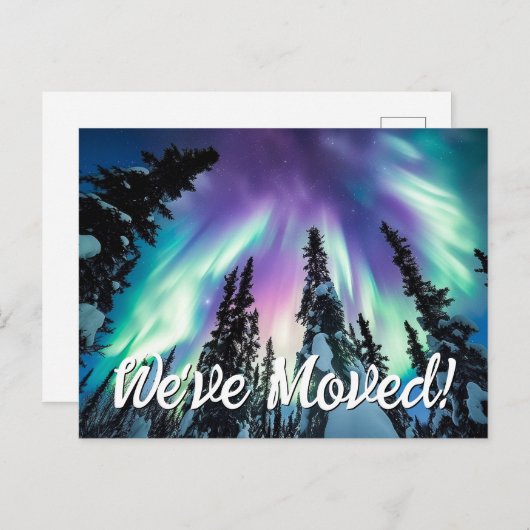 Northern Lights Winter Forestの引っ越しました写真 ポストカード (正面/裏面)
