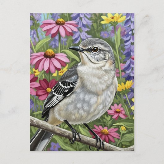 Northern Mockingbird with Flowers ポストカード (正面)