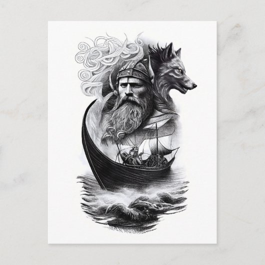 northern mythology Odin Fenriswolf and viking ship ポストカード (正面)