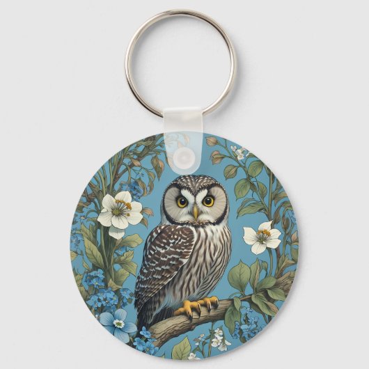 Northern Saw-Whet Owl William Morris Inspired キーホルダー (正面)