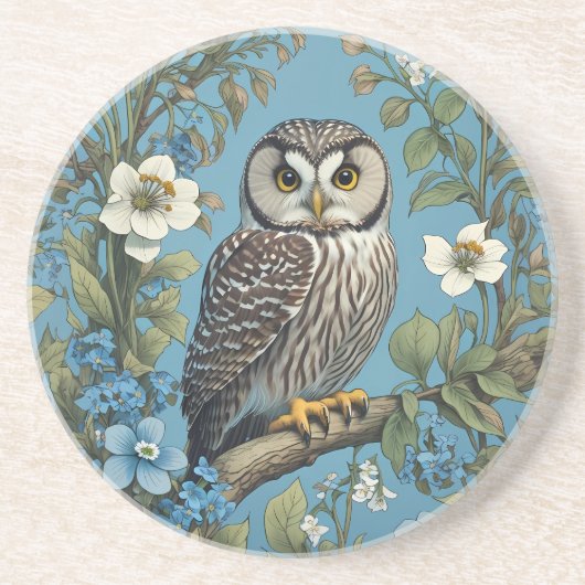 Northern Saw-Whet Owl William Morris Inspired コースター (正面)