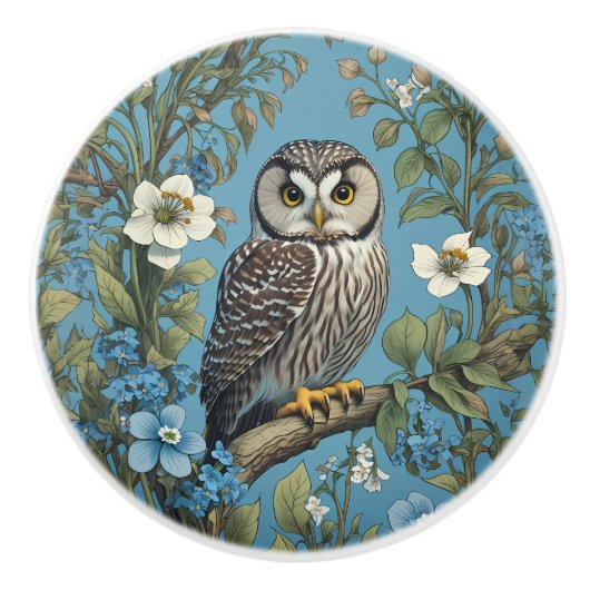 Northern Saw-Whet Owl William Morris Inspired セラミックノブ (正面)