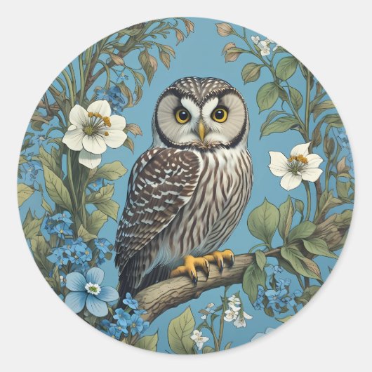 Northern Saw-Whet Owl William Morris Inspired ラウンドシール (正面)