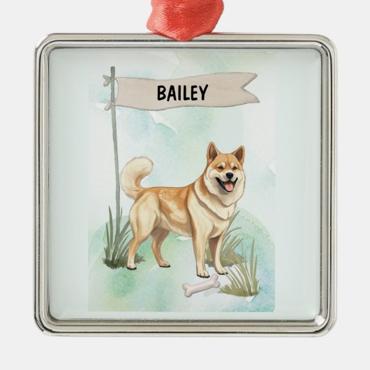 Norwegian Buhund Watercolor Personalized Dog メタルオーナメント (正面)