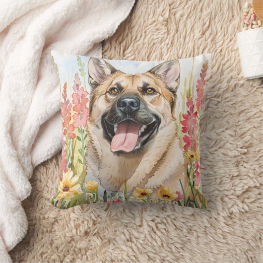 Norwegian Elkhound Watercolor Throw Pillow クッション (ブランケット)